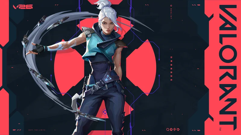 Jett surrounded by her knives, in official VALORANT agent artwork